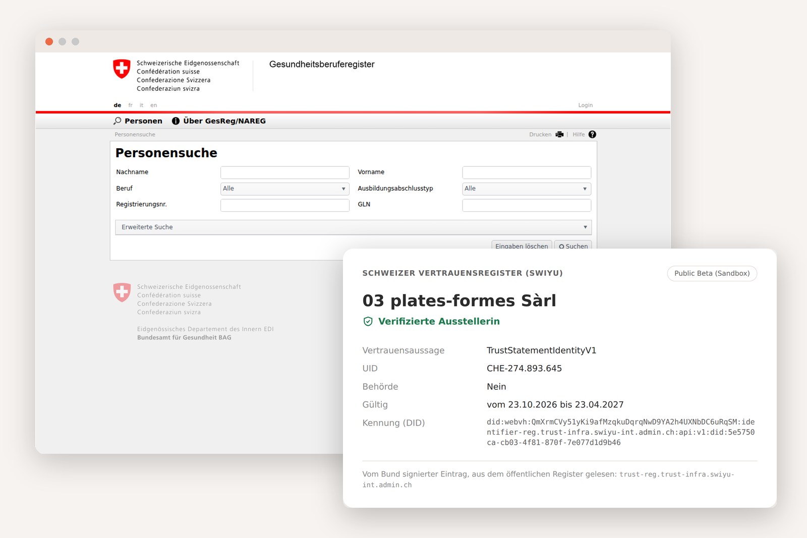 Die Suche im Gesundheitsberuferegister des Bundes und der Eintrag von peritia im Schweizer Vertrauensregister (swiyu)