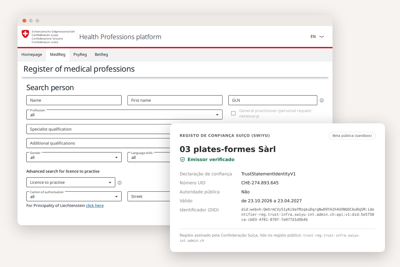 A pesquisa no registo federal das profissões médicas e a inscrição da peritia no registo de confiança suíço (swiyu)